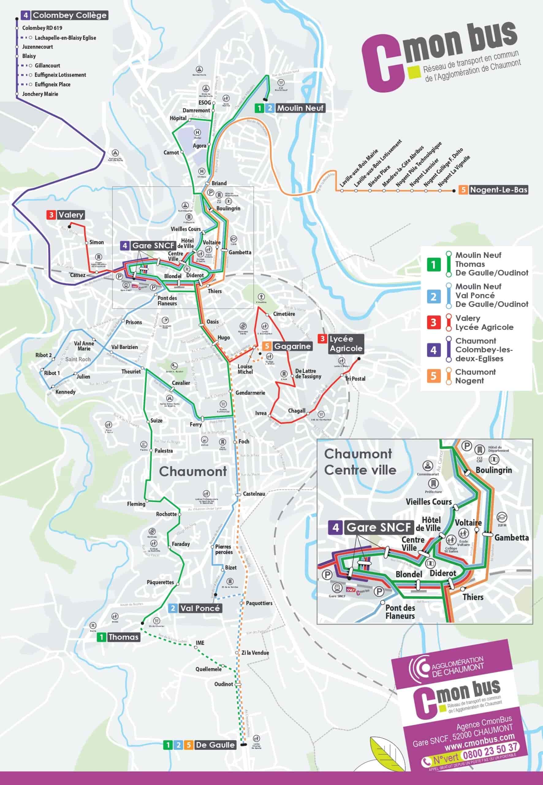 Plan réseau de transport de bus du réseau C'MON BUS à Chaumont (52)