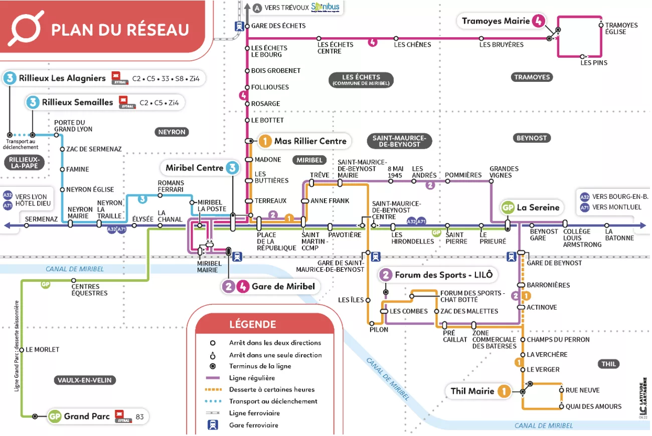 Plan du réseau de bus Colibri - ville de Miribel 