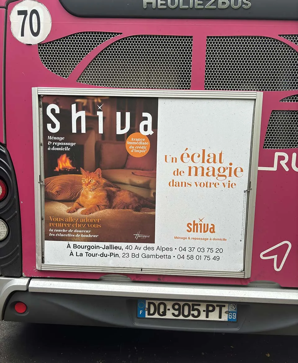 Image publicité courte conservation : Photo affichage arrière de bus, cadre arrière de bus - Shiva (chat) - Bourgoin Jallieu (38) transporteur KEOLIS RUBAN - annonceur de Rue Media